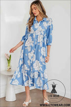 Sky Blue Floral Print Shirt Collar Button Down 3/4 Sleeve Ruffle Hem Long Dress