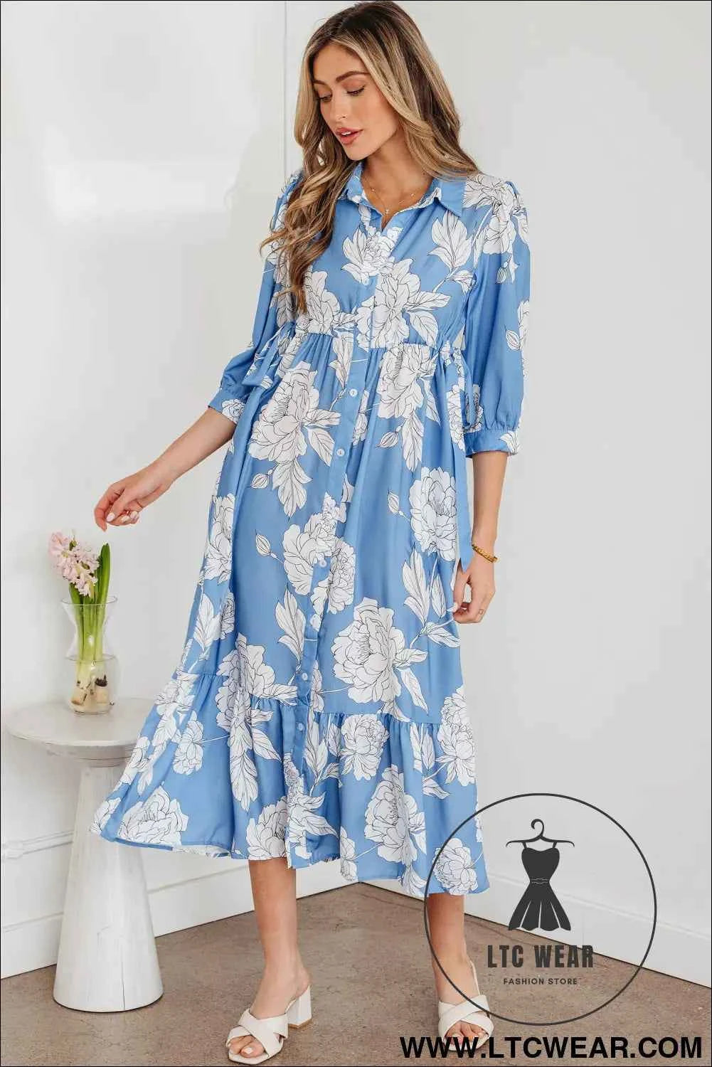 Sky Blue Floral Print Shirt Collar Button Down 3/4 Sleeve Ruffle Hem Long Dress