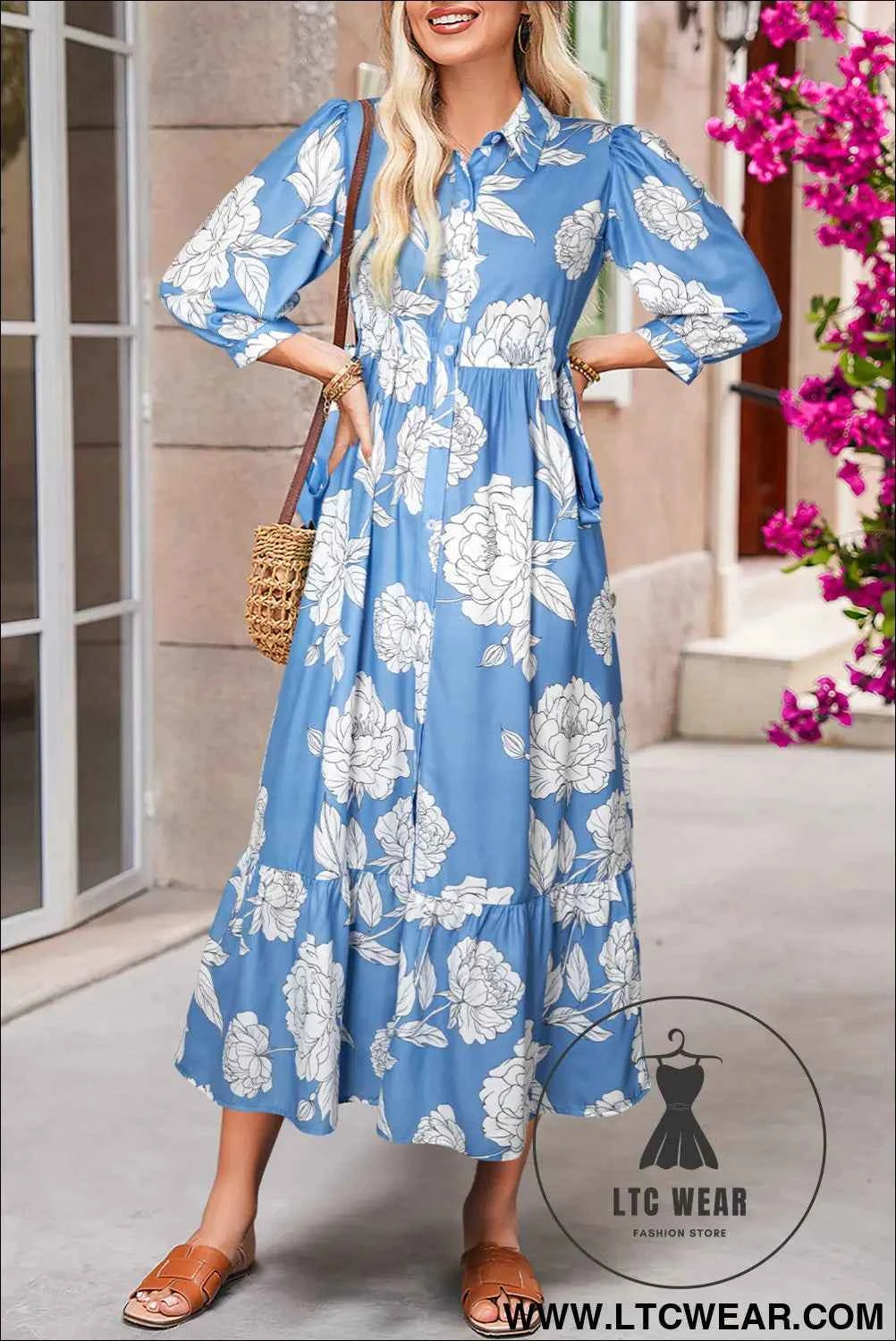Sky Blue Floral Print Shirt Collar Button Down 3/4 Sleeve Ruffle Hem Long Dress