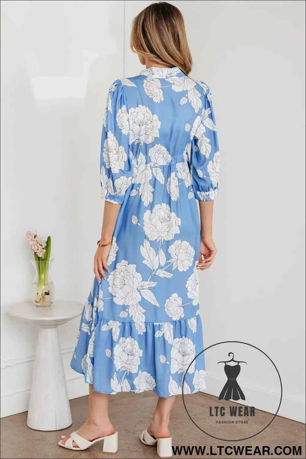 Sky Blue Floral Print Shirt Collar Button Down 3/4 Sleeve Ruffle Hem Long Dress