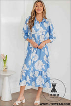 Sky Blue Floral Print Shirt Collar Button Down 3/4 Sleeve Ruffle Hem Long Dress