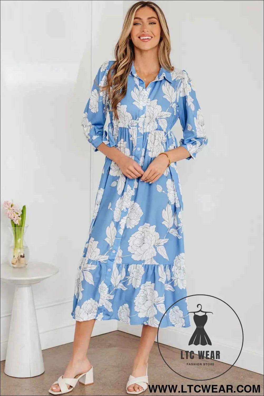 Sky Blue Floral Print Shirt Collar Button Down 3/4 Sleeve Ruffle Hem Long Dress