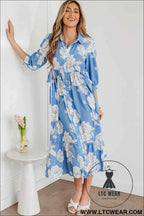 Sky Blue Floral Print Shirt Collar Button Down 3/4 Sleeve Ruffle Hem Long Dress
