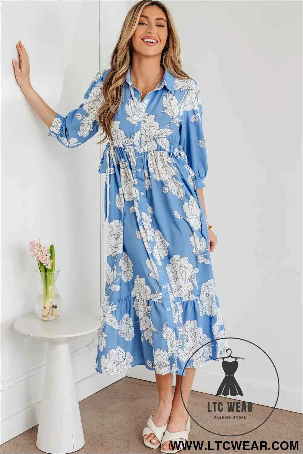 Sky Blue Floral Print Shirt Collar Button Down 3/4 Sleeve Ruffle Hem Long Dress