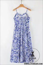 Sky blue floral print spaghetti strap high waist maxi dress - floral dresses