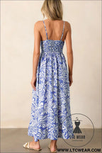 Sky blue floral print spaghetti strap high waist maxi dress - floral dresses