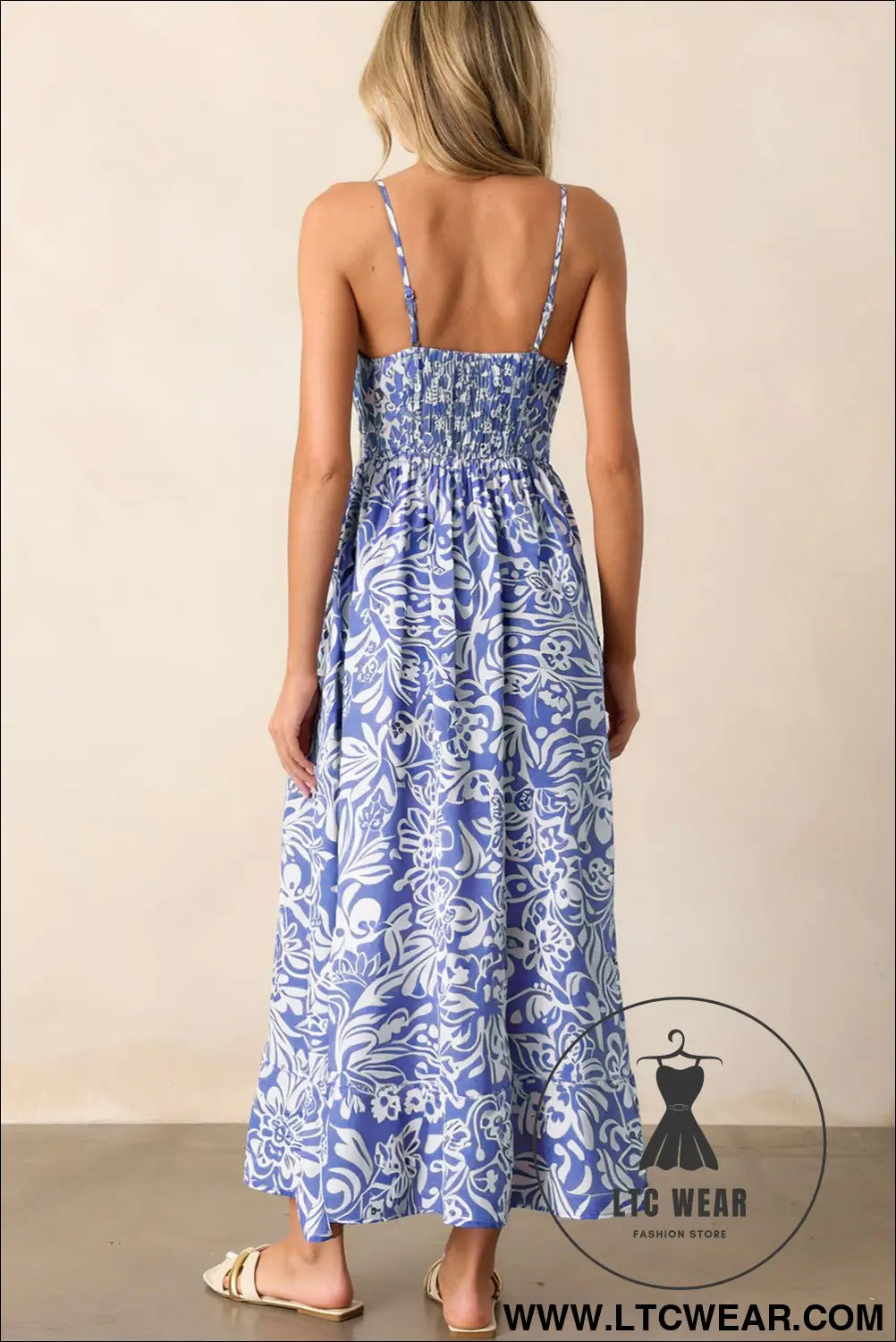 Sky blue floral print spaghetti strap high waist maxi dress - floral dresses