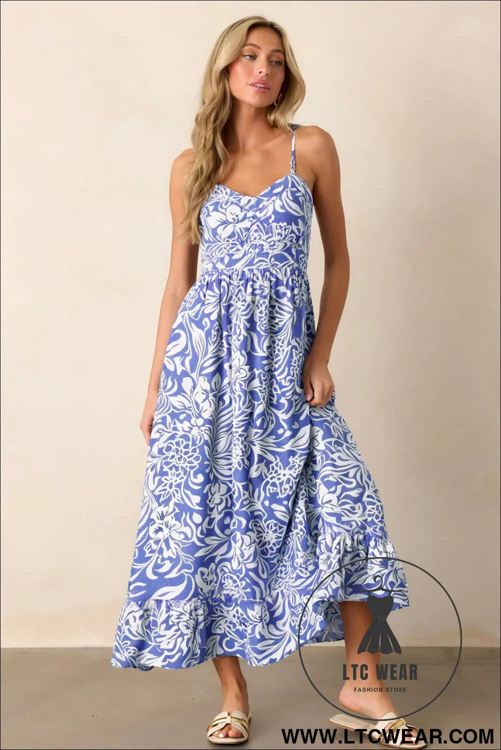 Sky blue floral print spaghetti strap high waist maxi dress - floral dresses