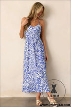 Sky blue floral print spaghetti strap high waist maxi dress - floral dresses