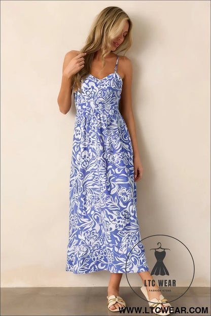 Sky blue floral print spaghetti strap high waist maxi dress - floral dresses