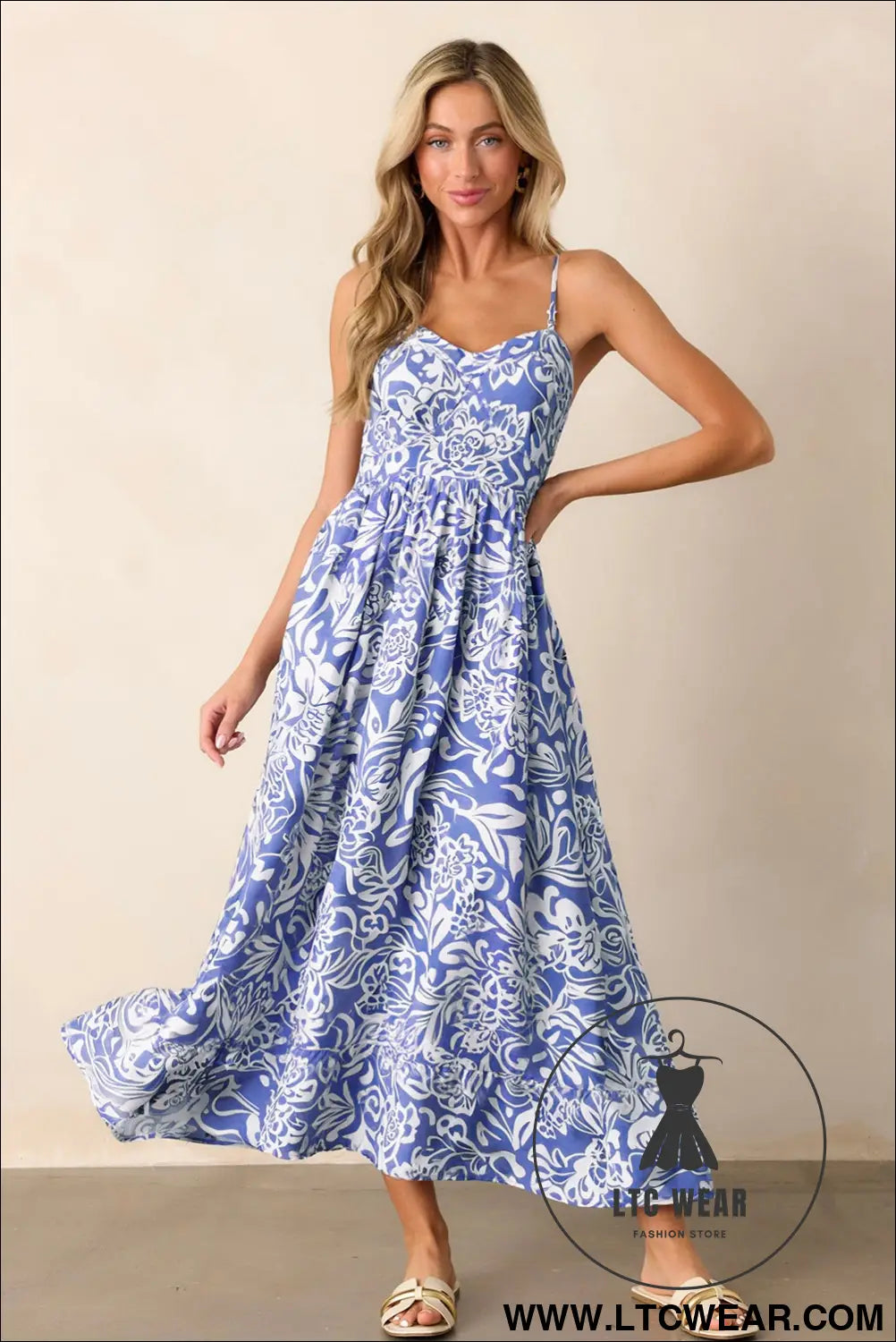 Sky blue floral print spaghetti strap high waist maxi dress - floral dresses