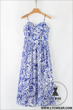 Sky blue floral print spaghetti strap high waist maxi dress - floral dresses