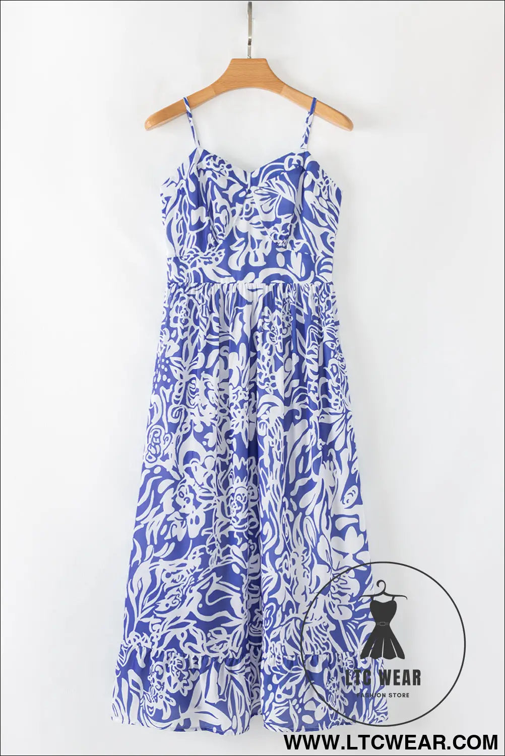 Sky blue floral print spaghetti strap high waist maxi dress - floral dresses