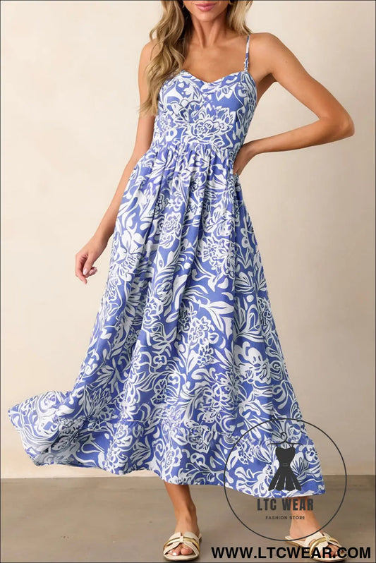 Sky blue floral print spaghetti strap high waist maxi dress - sky blue / l / 100% polyester - floral dresses