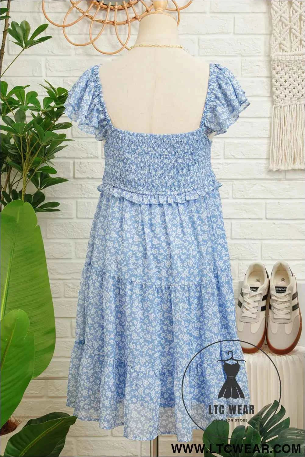 Sky Blue Floral Flutter Sleeve Smocked Mini Dress Fashion Clothing