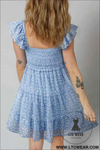 Sky Blue Floral Flutter Sleeve Smocked Mini Dress Fashion Clothing