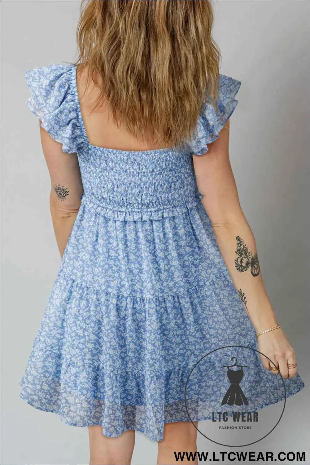 Sky Blue Floral Flutter Sleeve Smocked Mini Dress Fashion Clothing