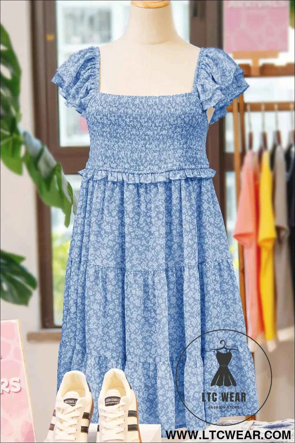 Sky Blue Floral Flutter Sleeve Smocked Mini Dress Fashion Clothing
