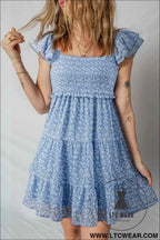 Sky Blue Floral Flutter Sleeve Smocked Mini Dress Fashion Clothing