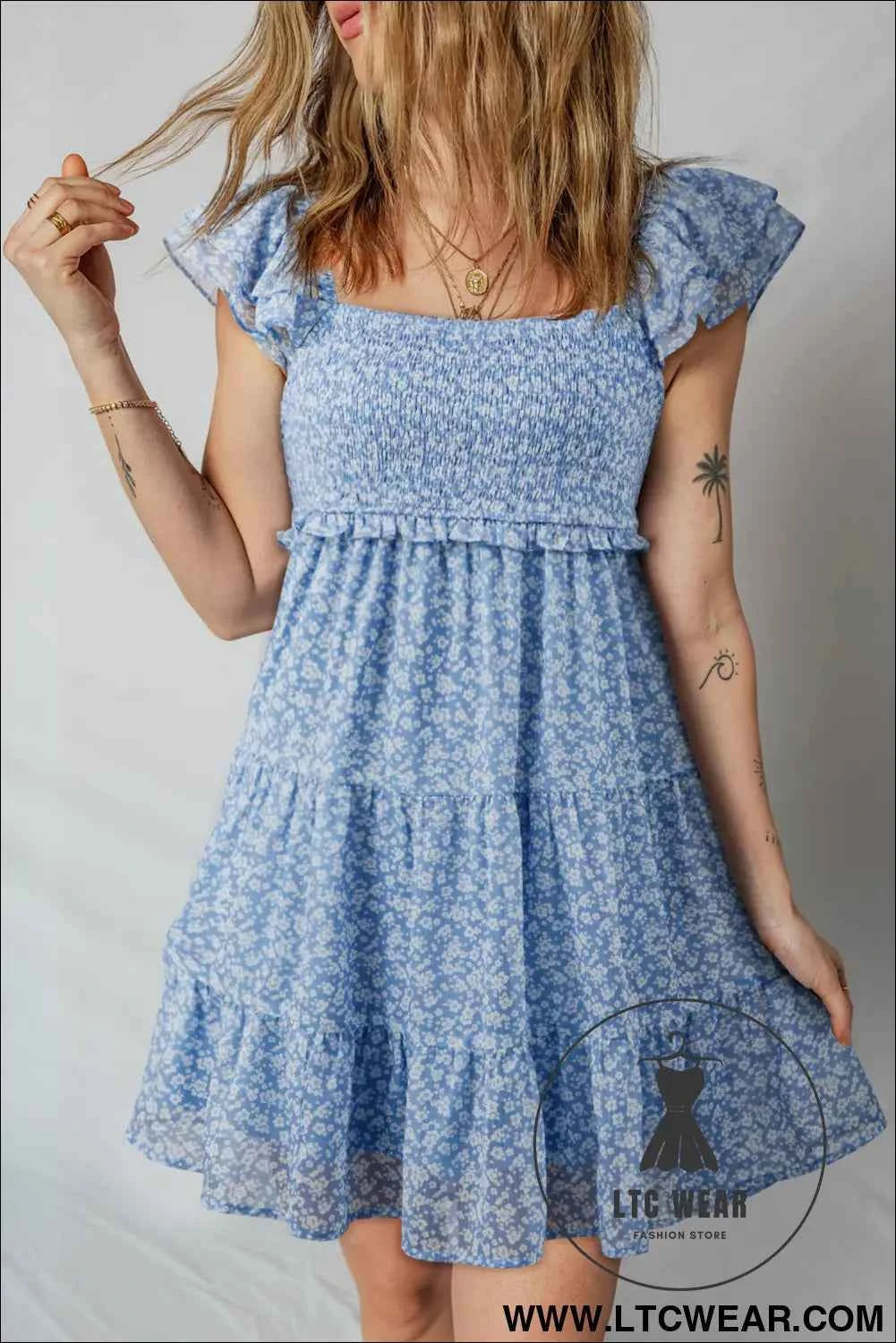 Sky Blue Floral Flutter Sleeve Smocked Mini Dress Fashion Clothing