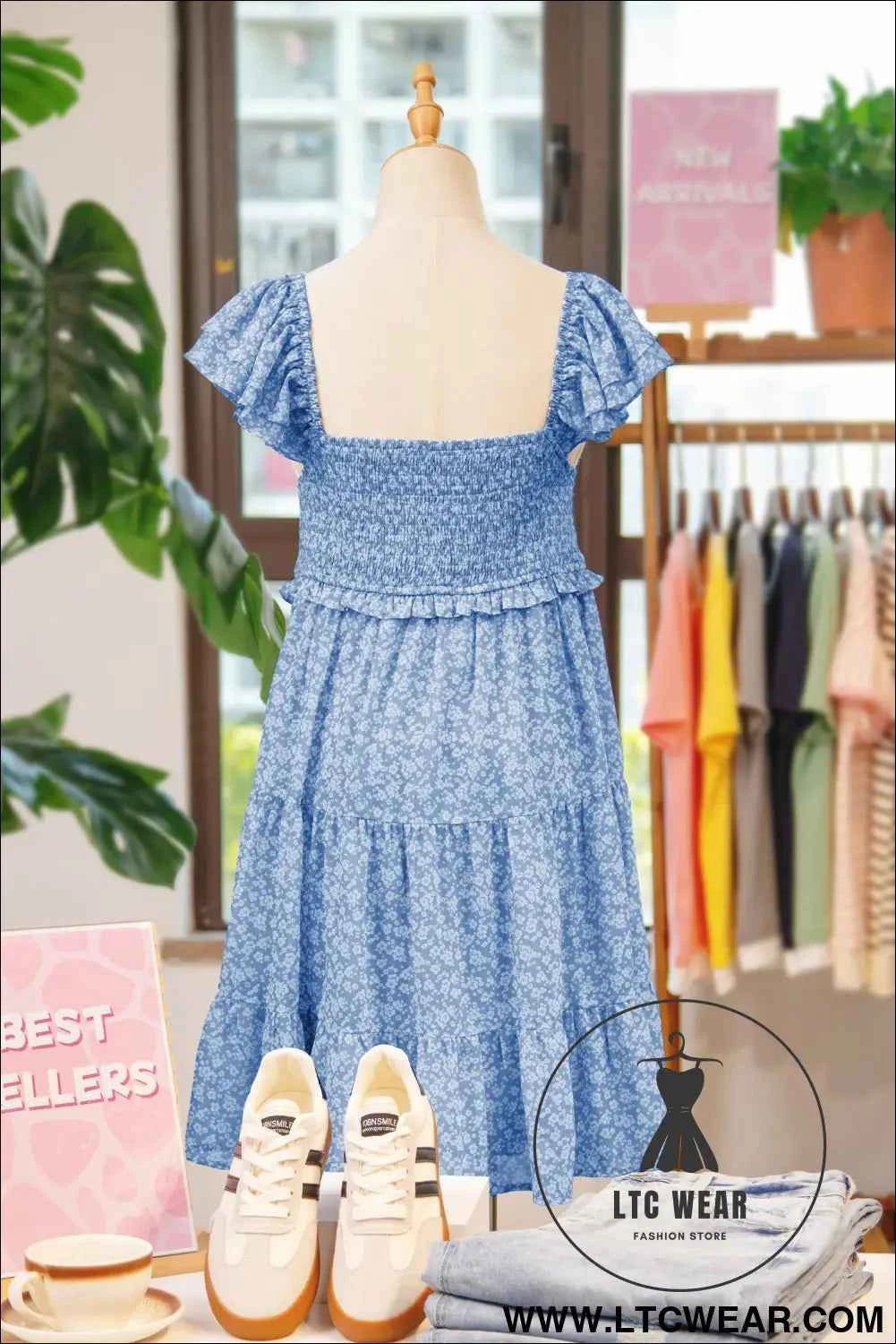 Sky Blue Floral Flutter Sleeve Smocked Mini Dress Fashion Clothing