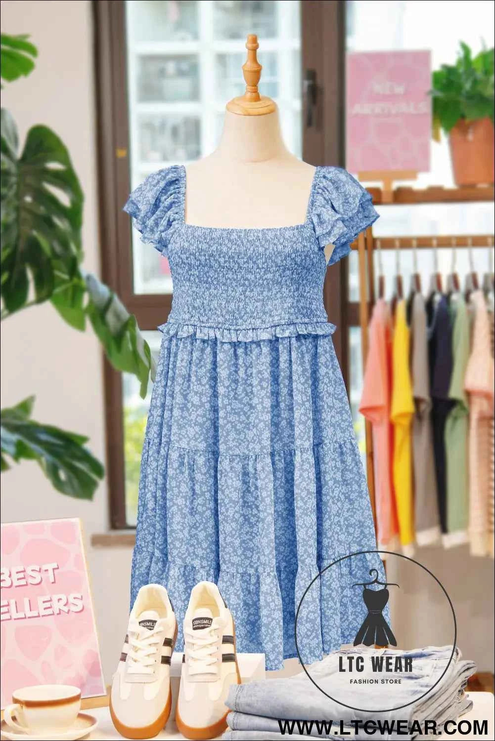 Sky Blue Floral Flutter Sleeve Smocked Mini Dress Fashion Clothing