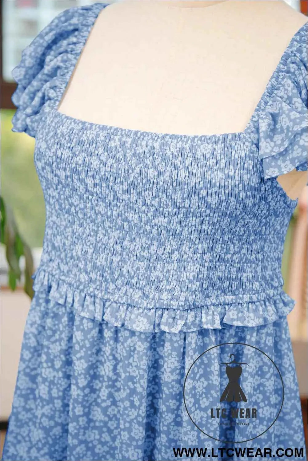 Sky Blue Floral Flutter Sleeve Smocked Mini Dress Fashion Clothing