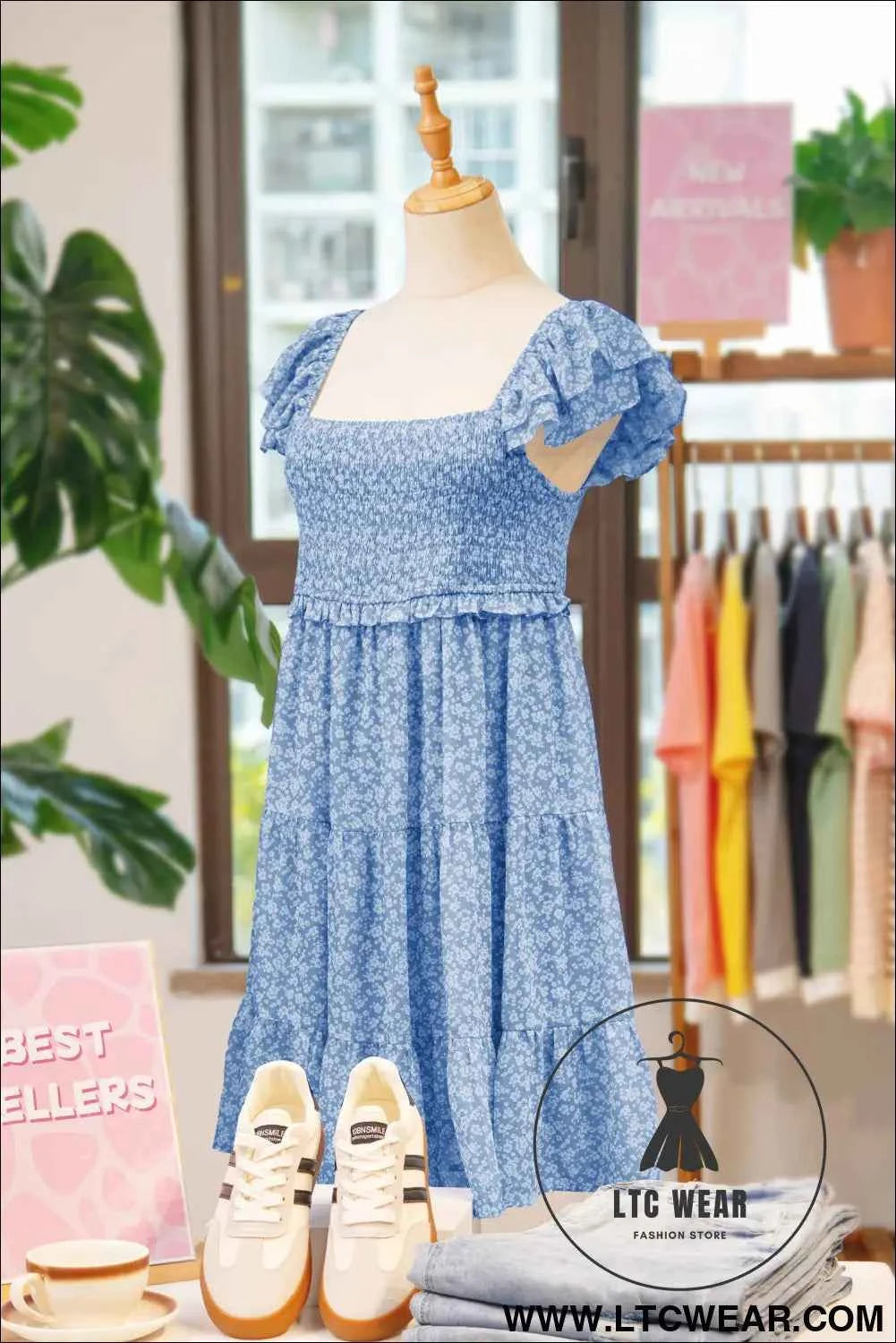 Sky Blue Floral Flutter Sleeve Smocked Mini Dress Fashion Clothing