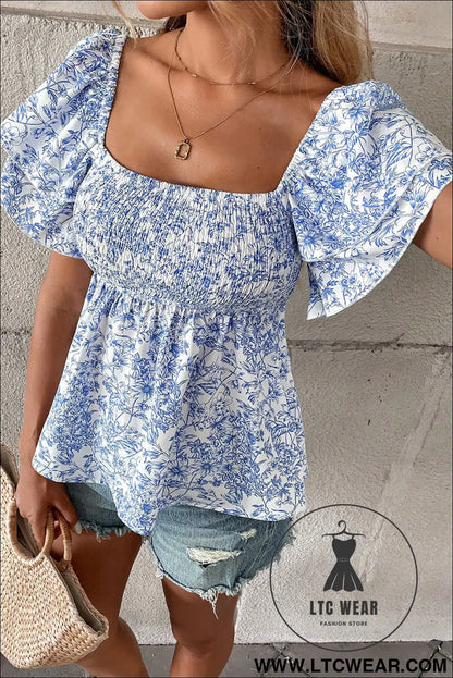 Sky Blue Floral Print Square Neck Ruffled Sleeve Shirred Babydoll Blouse - L.T.C Wear Online Fashion Store