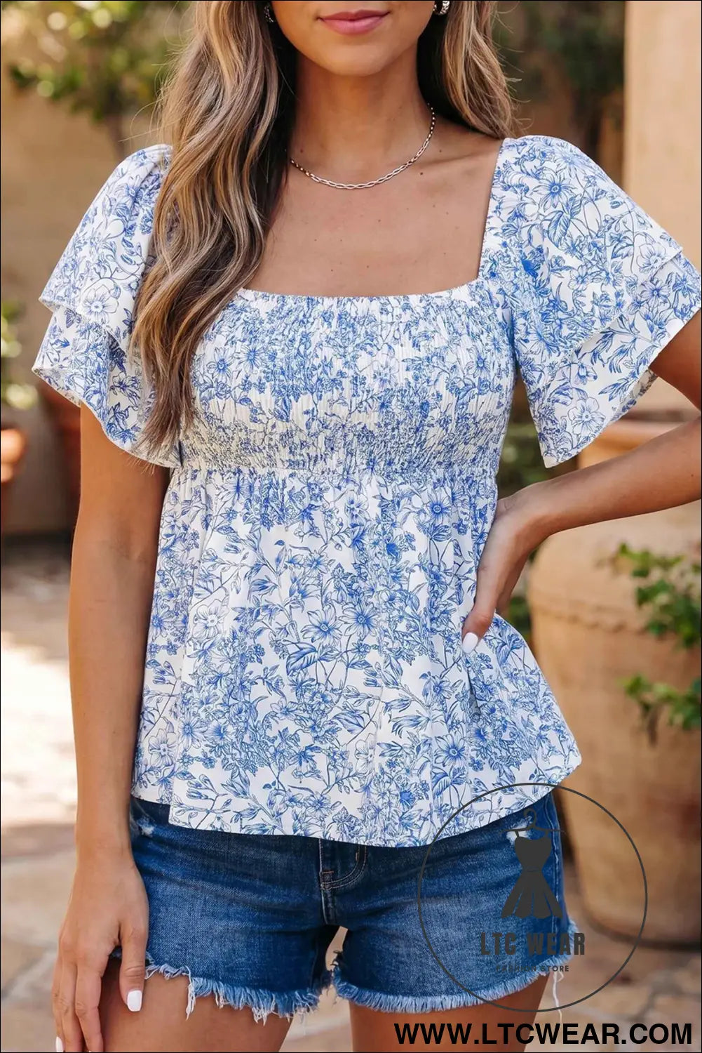 Sky Blue Floral Print Square Neck Ruffled Sleeve Shirred Babydoll Blouse