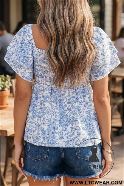 Sky Blue Floral Print Square Neck Ruffled Sleeve Shirred Babydoll Blouse