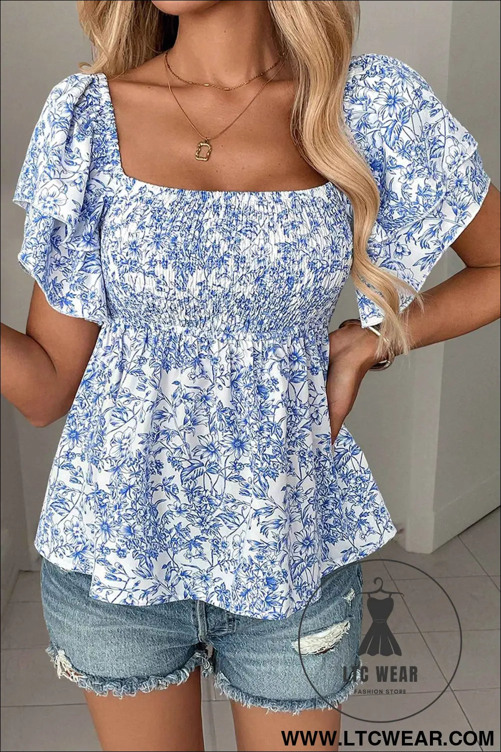 Sky Blue Floral Print Square Neck Ruffled Sleeve Shirred Babydoll Blouse