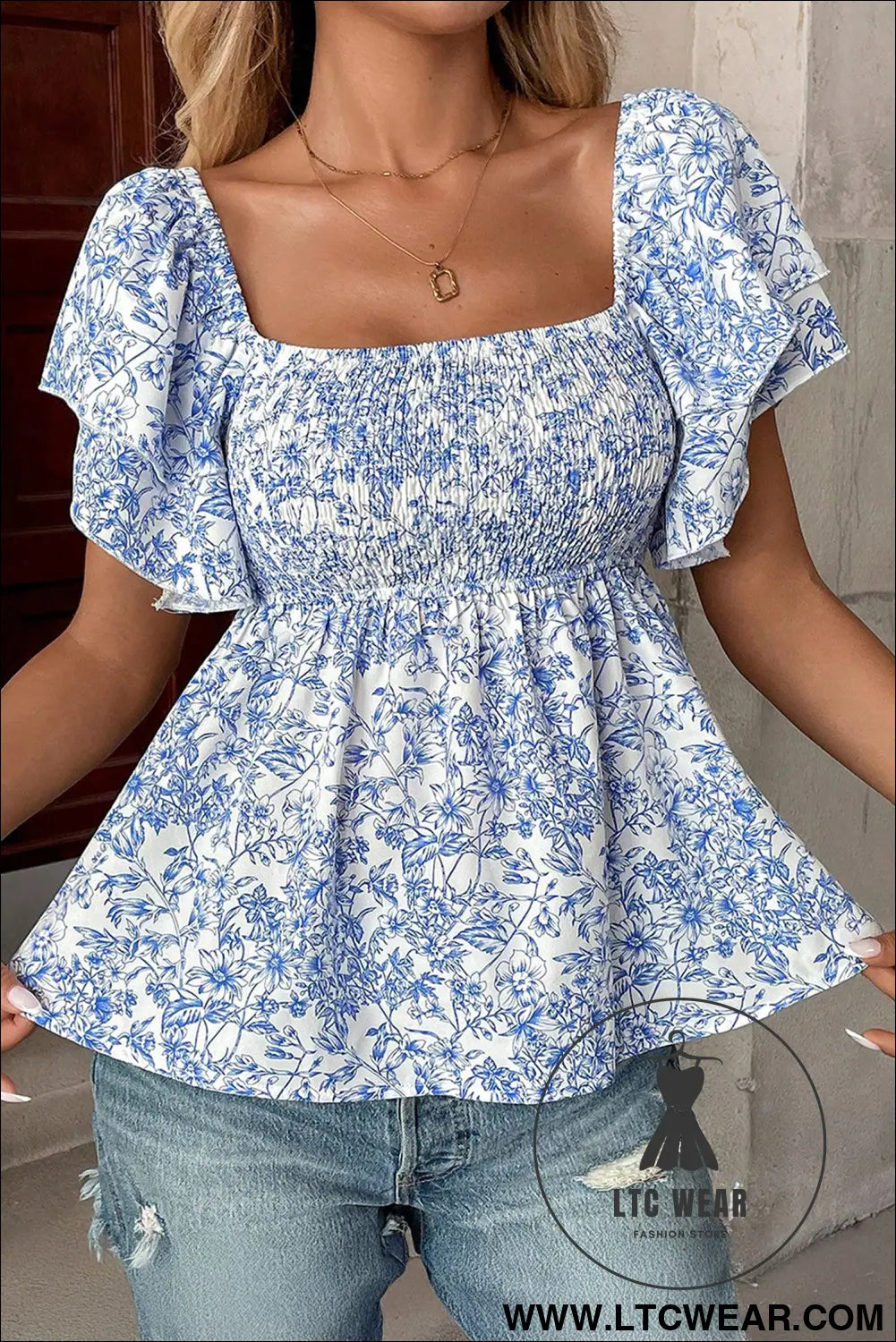Sky Blue Floral Print Square Neck Ruffled Sleeve Shirred Babydoll Blouse - L.T.C Wear Online Fashion Store
