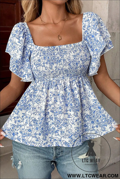 Sky Blue Floral Print Square Neck Ruffled Sleeve Shirred Babydoll Blouse - L.T.C Wear Online Fashion Store