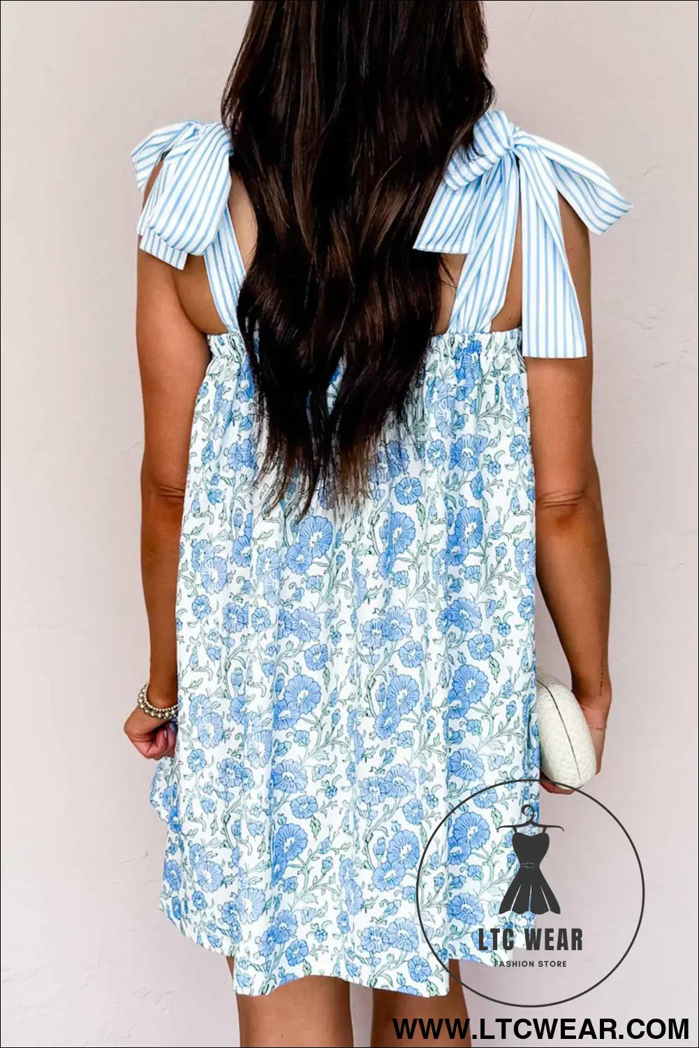 Sky Blue Floral Print Striped Patchwork Bow Knot Straps Mini Dress