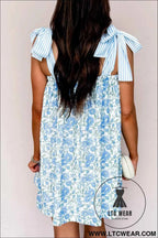 Sky Blue Floral Print Striped Patchwork Bow Knot Straps Mini Dress