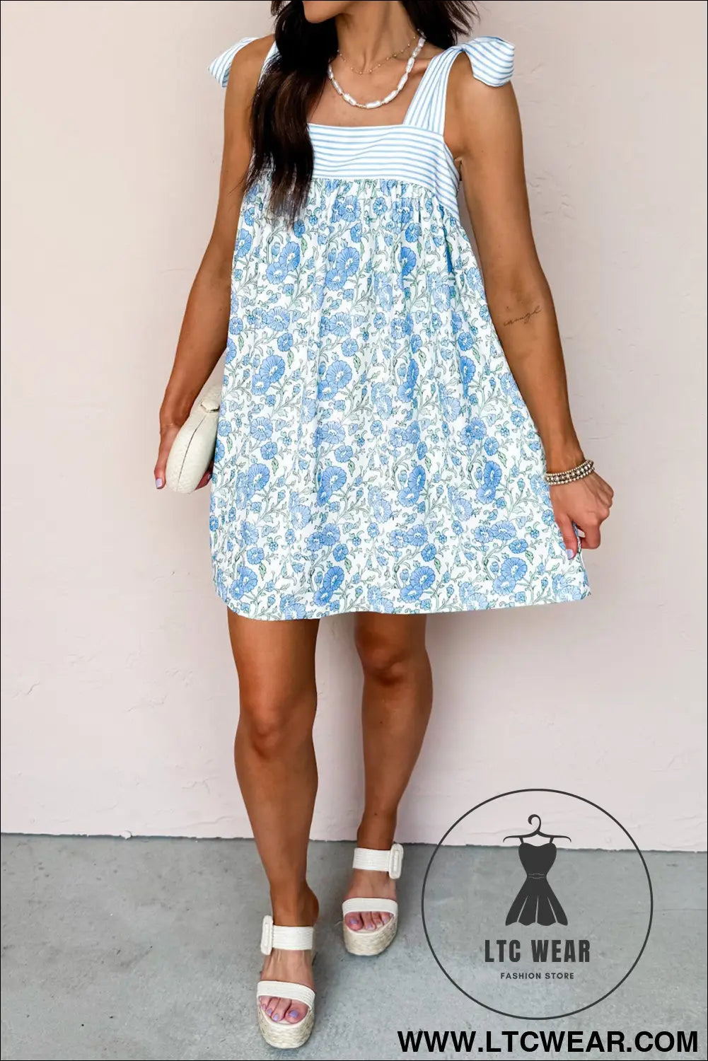 Sky Blue Floral Print Striped Patchwork Bow Knot Straps Mini Dress - L.T.C Wear Online Fashion Store