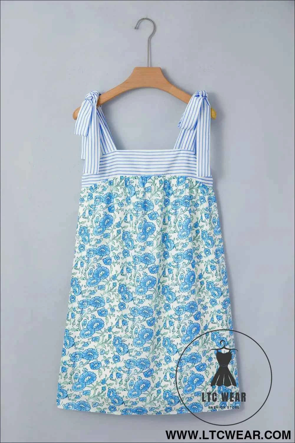 Sky Blue Floral Print Striped Patchwork Bow Knot Straps Mini Dress