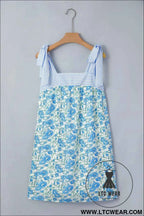 Sky Blue Floral Print Striped Patchwork Bow Knot Straps Mini Dress