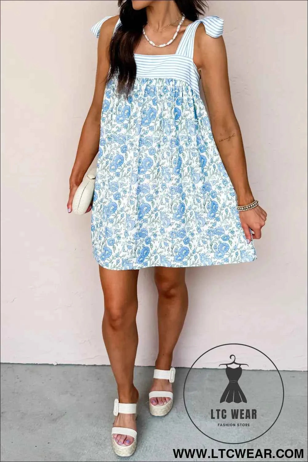 Sky Blue Floral Print Striped Patchwork Bow Knot Straps Mini Dress