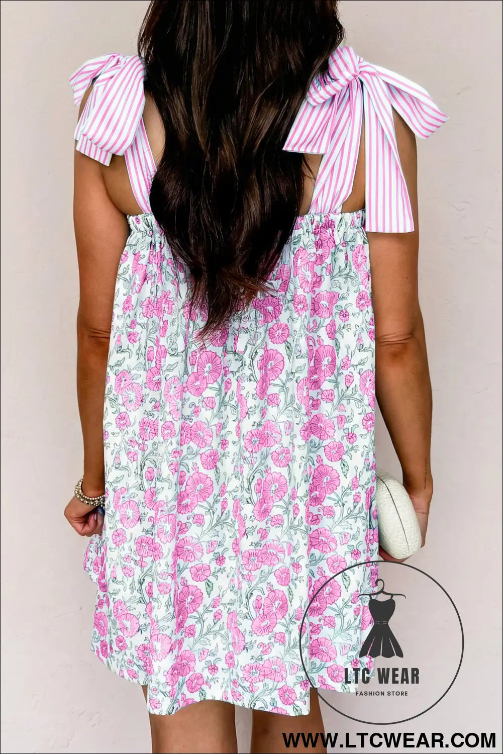Sky Blue Floral Print Striped Patchwork Bow Knot Straps Mini Dress - L.T.C Wear Online Fashion Store
