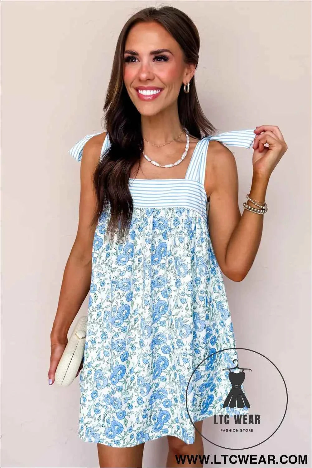 Sky Blue Floral Print Striped Patchwork Bow Knot Straps Mini Dress
