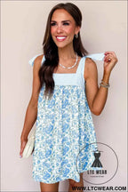 Sky Blue Floral Print Striped Patchwork Bow Knot Straps Mini Dress