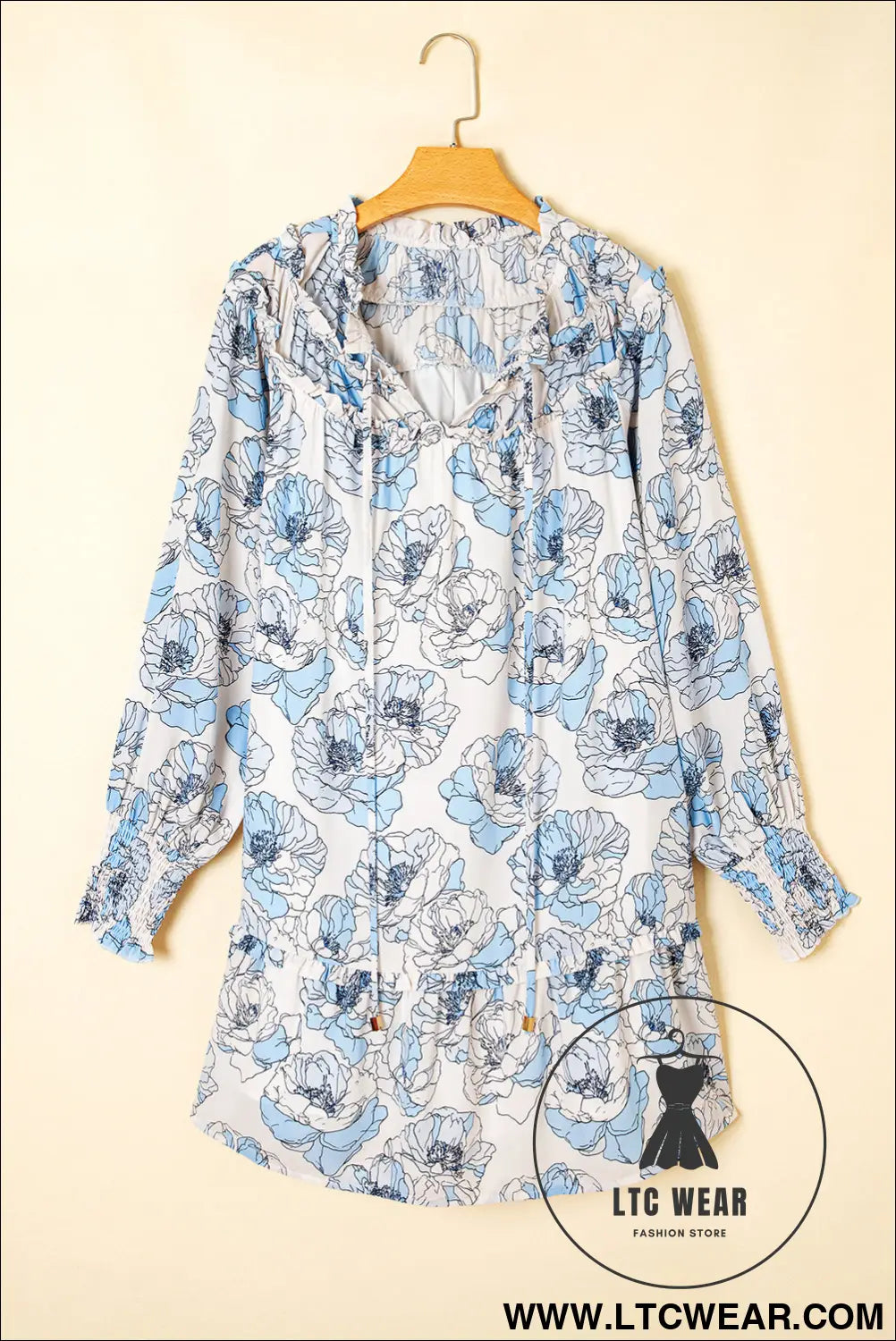 Sky blue floral print tie neck long sleeve flowy mini dress - floral dresses