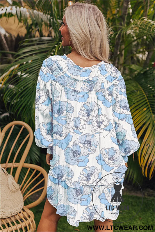 Sky blue floral print tie neck long sleeve flowy mini dress - floral dresses