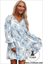 Sky blue floral print tie neck long sleeve flowy mini dress - floral dresses