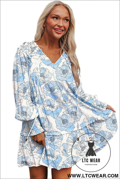Sky blue floral print tie neck long sleeve flowy mini dress - floral dresses