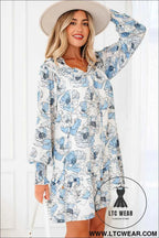 Sky Blue Floral Print Tie Neck Long Sleeve Flowy Mini Dress
