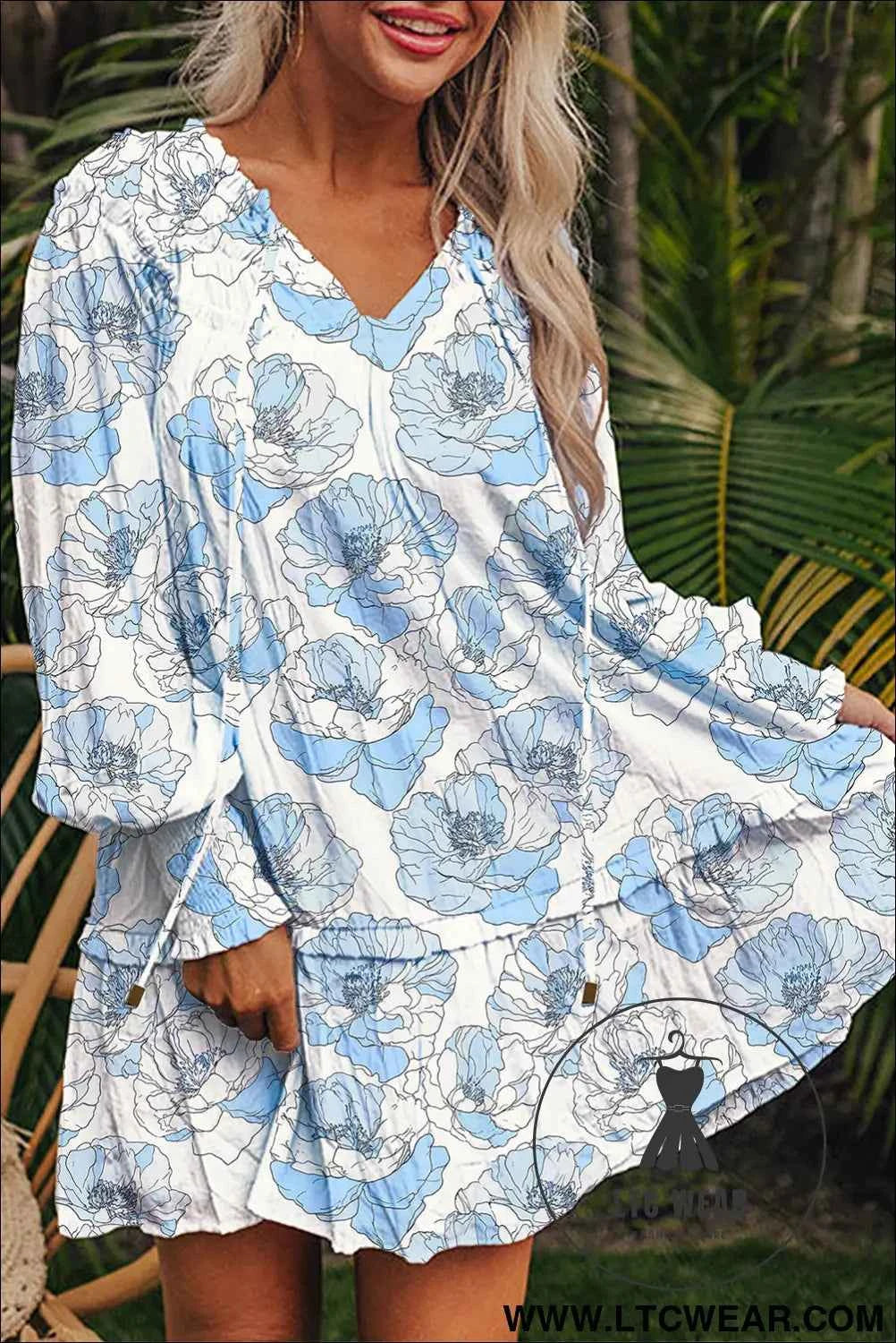 Sky Blue Floral Print Tie Neck Long Sleeve Flowy Mini Dress