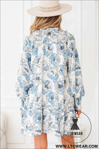 Sky Blue Floral Print Tie Neck Long Sleeve Flowy Mini Dress